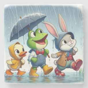 Cute duck, frog, bunny in the rain stone coaster