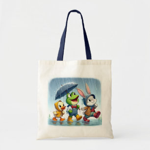 Cute duck, frog, bunny in the rain tote bag