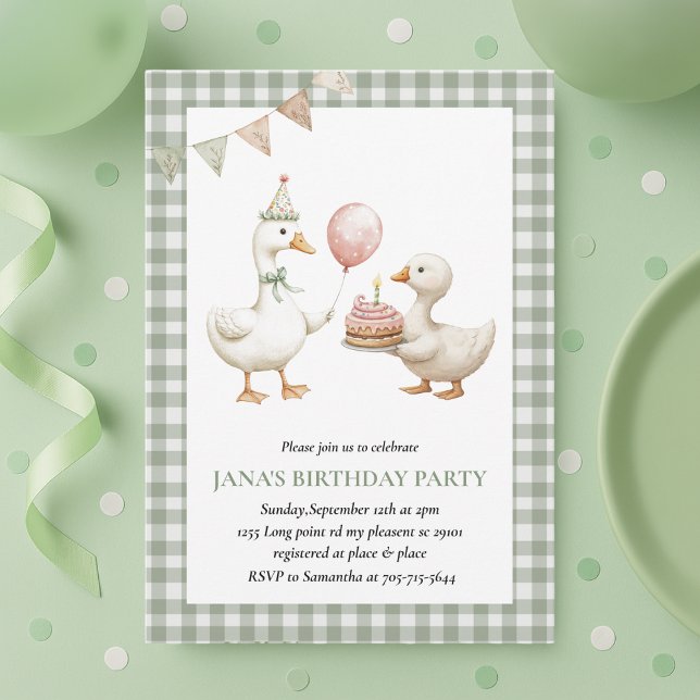 Cute Duck Green Gingham Birthday Invitation (Creator Uploaded)
