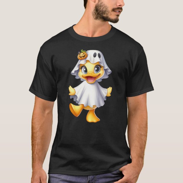 Cute Duck In Halloween Ghost Costume T-Shirt (Front)