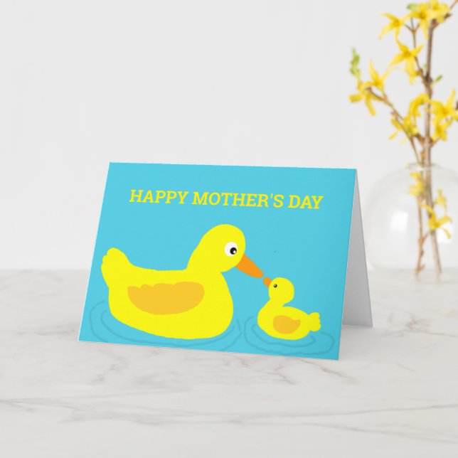 Cute Duck Mom Ducking Cartoon Mother's Day Card (Yellow Flower)