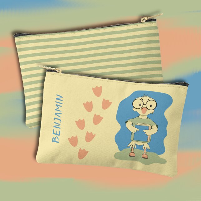 Cute Duck Nerd with Book Kid Yellow Pencil Pouch  (Cute nerdy duck with book kid yellow pencil pouch with name .)