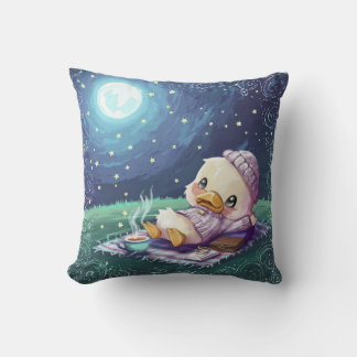 Cute Duck on a Picnic under Moon Light Cushion