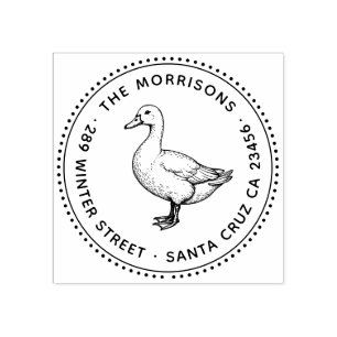Cute Duck Round Family Name & Return Address Rubber Stamp