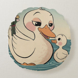 Cute Duck with Flowers and Duckling Quirky design Round Cushion