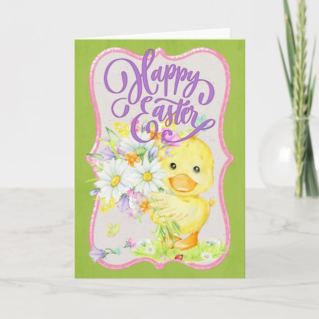 Cute Duck with Spring Flowers - Happy Easter Holiday Card (Front)