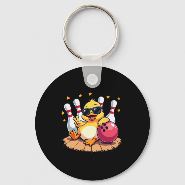 Cute Duck With Sungles Duck Playing Bowling For Me Key Ring (Front)