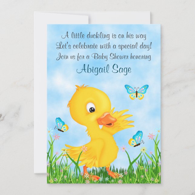 Cute Duckling and Butterflies Boy Baby Shower Invitation (Front)