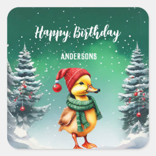 Cute duckling Christmas tree birthday girl party Square Sticker
