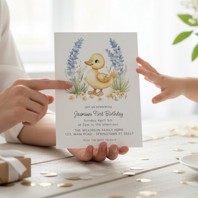 Cute Duckling Garden First Birthday QR Code  Invitation (Creator Uploaded)