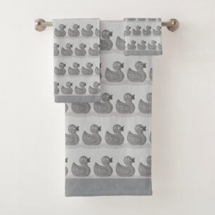 Cute Duckling Pattern on Light Silver Grey Bath Towel Set