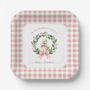 Cute Duckling Pink Gingham Baby Shower Plates