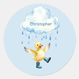 Cute Duckling Playing in the Rain Classic Round Sticker