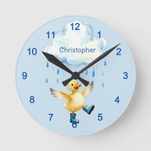 Cute Duckling Playing in the Rain Round Clock