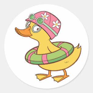 Cute Duckling with Swim Cap & Goggles – Kids Stick Classic Round Sticker
