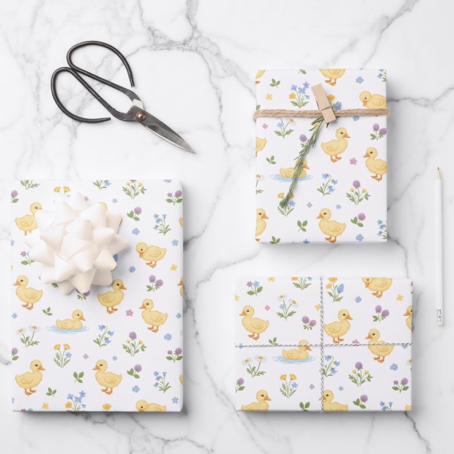 Cute Ducklings and Wildflowers Pattern Wrapping Paper Sheet (Front)