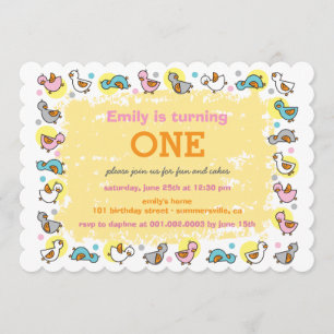 Cute Ducks Baby Girl's 1st Birthday Party Invite