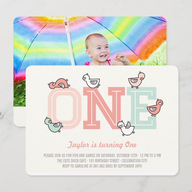 Cute Ducks Big One Girl 1st Birthday Party Invite (Front/Back)