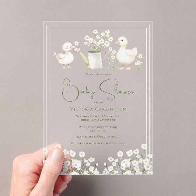 Cute Ducks & Daisies Baby Shower Acrylic Invitations (Insitu (Handheld))