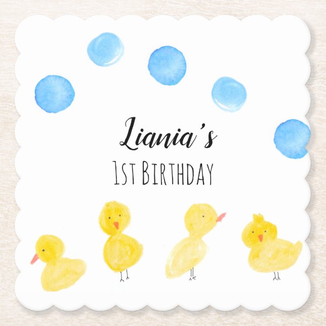 Cute Ducks Hand Watercolor Birthday Party  Paper Coaster (Front)