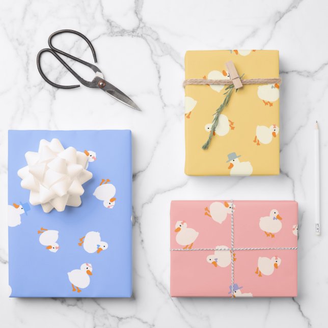 Cute Ducks Set Of 3 Baby Shower Wrapping Paper Sheet (Front)
