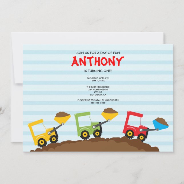 Cute Dump Trucks Birthday Party Invite (Front)