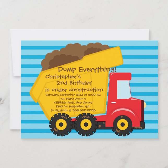 Cute Dump Trucks Boys Birthday Party Invitations (Front)