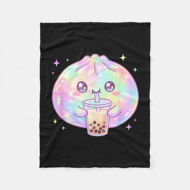 Cute dumpling drinking boba tea kawaii bubble tea fleece blanket (Front)
