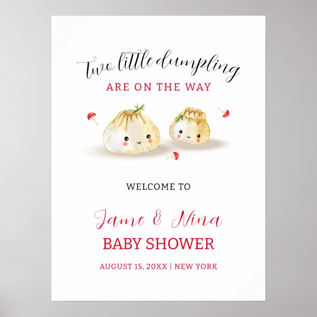 Cute Dumpling Mushroom Twin Baby Shower Welcome  Poster (Front)
