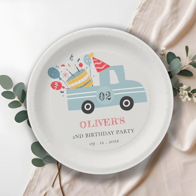 Cute Dusky Blue Any Age Birthday Party Cake Truck Paper Plate (Creator Uploaded)
