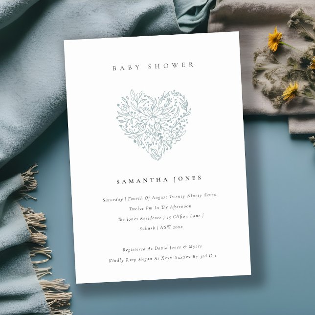 Cute Dusky Blue Floral Heart Baby Shower Invite (Creator Uploaded)