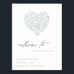 Cute Dusky Blue Floral Heart Bat Mitzvah Welcome Poster<br><div class="desc">If you need any further customisation please feel free to message me on yellowfebstudio@gmail.com.</div>