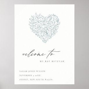 Cute Dusky Blue Floral Heart Bat Mitzvah Welcome Poster