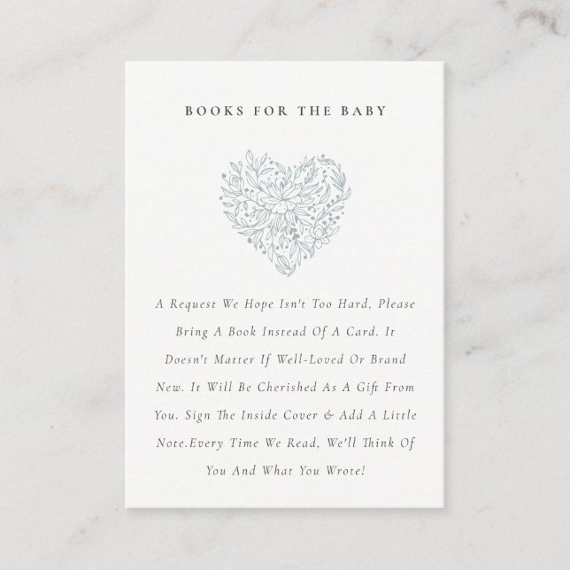 Cute Dusky Blue Floral Heart Books for Baby Shower Enclosure Card (Front)