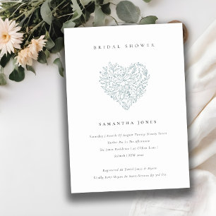 Cute Dusky Blue Floral Heart Bridal Shower Invite