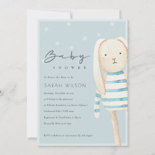 Cute Dusky Blue Grey Bunny Baby Shower Invite