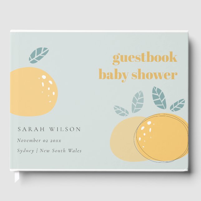 Cute Dusky Blue Lemon Fruity Bold Baby Shower Guest Book (Front)