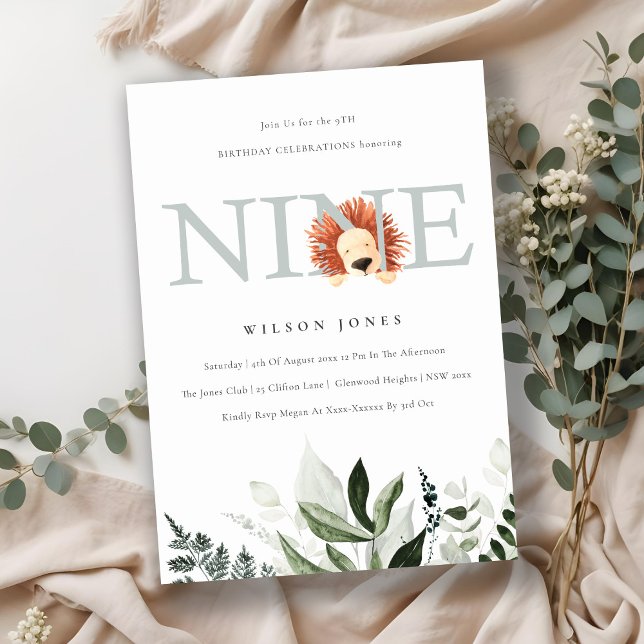 Cute Dusky Blue Lion Foliage 9th Ninth Birthday Invitation (Creator Uploaded)