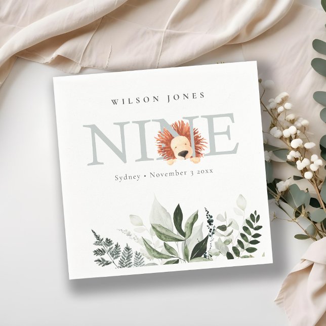 Cute Dusky Blue Lion Foliage 9th Ninth Birthday Napkin (Creator Uploaded)