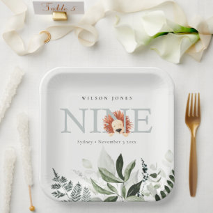 Cute Dusky Blue Lion Foliage 9th Ninth Birthday Paper Plate