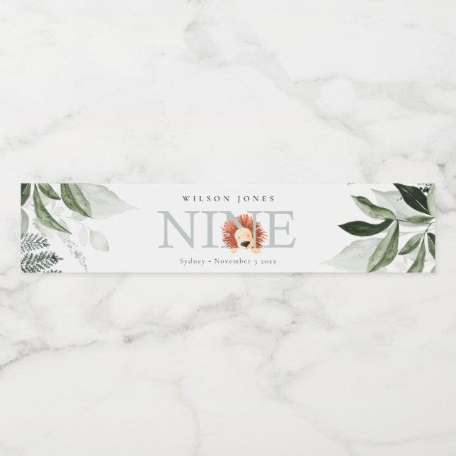 Cute Dusky Blue Lion Foliage 9th Ninth Birthday Water Bottle Label (Single Label)