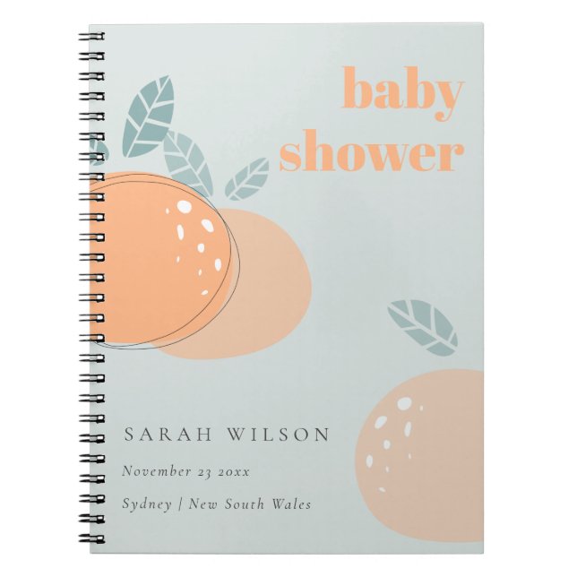 Cute Dusky Blue Orange Fruity Bold Baby Shower Notebook (Front)