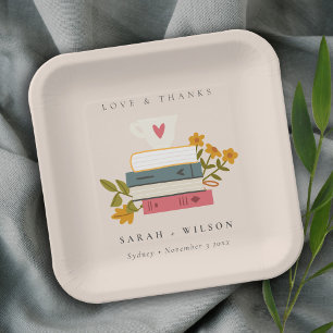Cute Dusky Blush Stacked Storybooks Floral Wedding Paper Plate