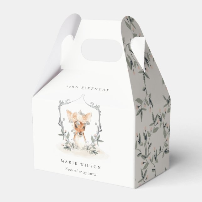 Cute Dusky Deer Floral Crest  Any Age Birthday Favour Box (Front Side)