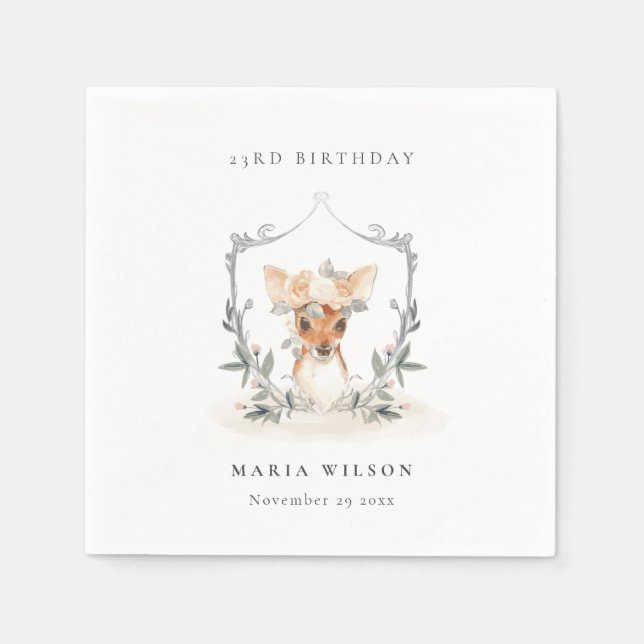 Cute Dusky Deer Floral Crest Any Age Birthday Napkin (Front)