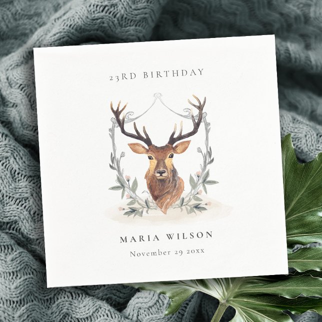 Cute Dusky Deer Floral Crest Any Age Birthday Napkin (Creator Uploaded)