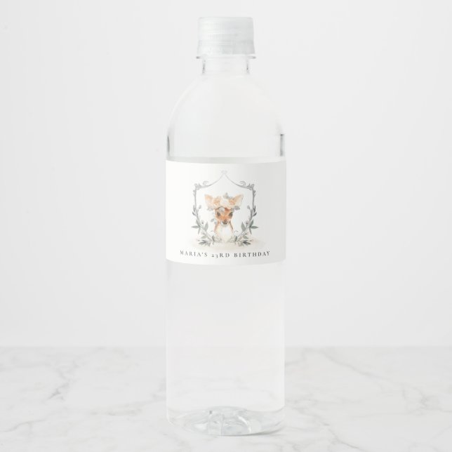 Cute Dusky Deer Floral Crest Any Age Birthday Water Bottle Label (Front)