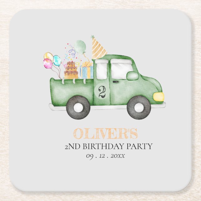Cute Dusky Green Any Age Birthday Party Square Paper Coaster (Front)