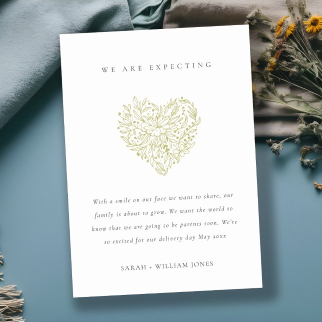 Cute Dusky Green Floral Heart Baby Announcement (Creator Uploaded)