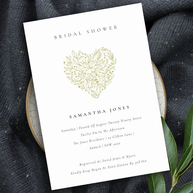 Cute Dusky Green Floral Heart Bridal Shower Invite (Creator Uploaded)